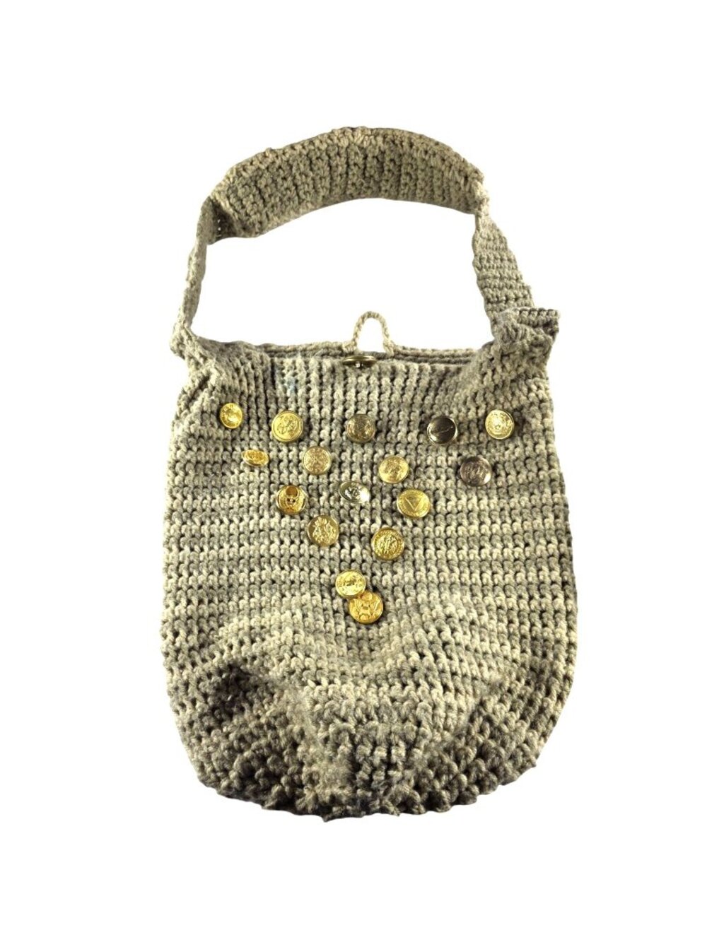 Handmade Beige Crochet Shoulder Bag Gold tone Button Accents Purse Handbag